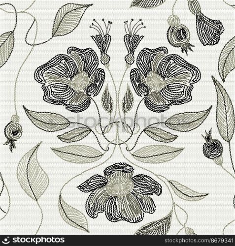 Embroidery seamless pattern with beautiful flowers, leaves and berries on white background. Fashion design.. Embroidered flowers and leaves ornament on a white background.