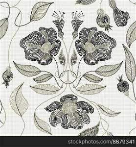 Embroidery seamless pattern with beautiful flowers, leaves and berries on white background. Fashion design.. Embroidered flowers and leaves ornament on a white background.