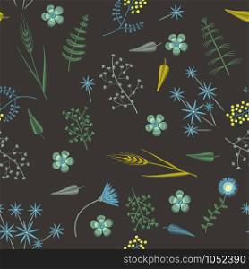 Embroidery seamless pattern with Forest plants and Field wildflowers. illustrations. Embroidery seamless pattern with Forest plants and Field wildflowers.