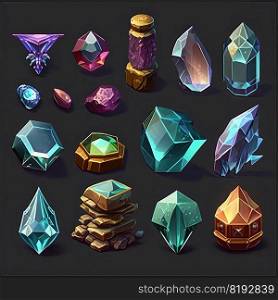 emerald game crystal gem ai generated. mineral shiny, gold glass, red fantasy emerald game crystal gem illustration. emerald game crystal gem ai generated