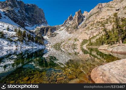 Emerald Lake and reflection with rocks and mountains in snow around at autumn. Rocky Mountain National Park in Colorado, USA.