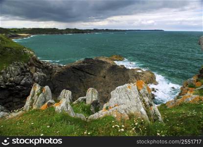 Emerald waters of Atlantic ocean at the rocky coast of Brittany, France