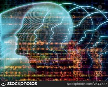 Emergence of the Mind series. Background of human head silhouettes and number grids on the subject of general artificial intelligence and modern technology.
