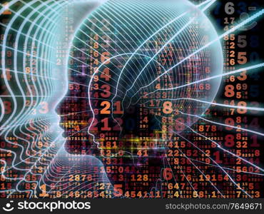 Emergence of the Mind series. Background of human head silhouettes and number grids on the subject of general artificial intelligence and modern technology.