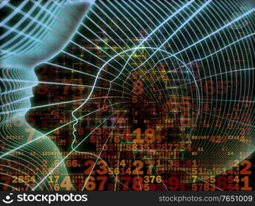 Emergence of the Mind series. Background of human head silhouettes and number grids on the subject of general artificial intelligence and modern technology.