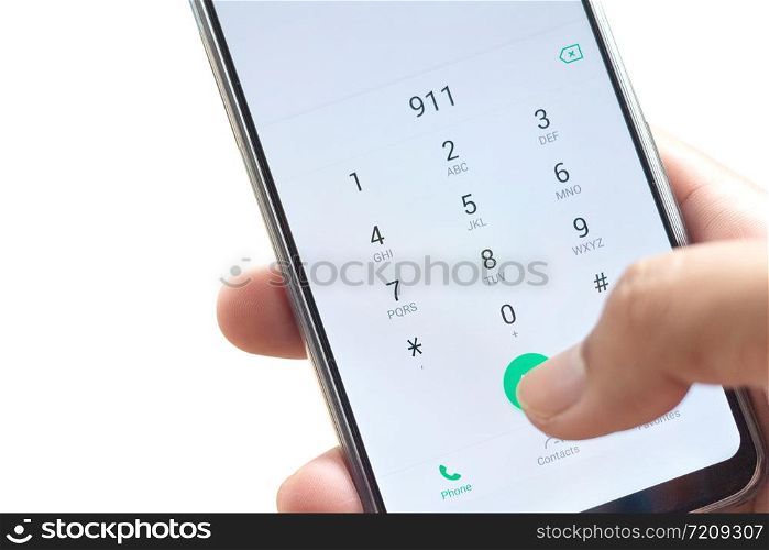 Emergency and urgency, dialing 911 on smartphone screen isolated on white background