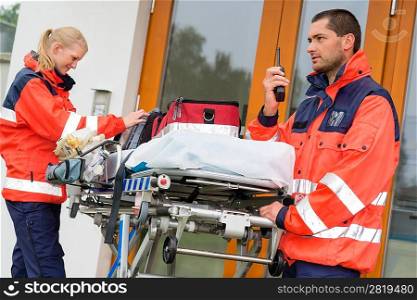 Emergency paramedics radio call ambulance house door visit doctor