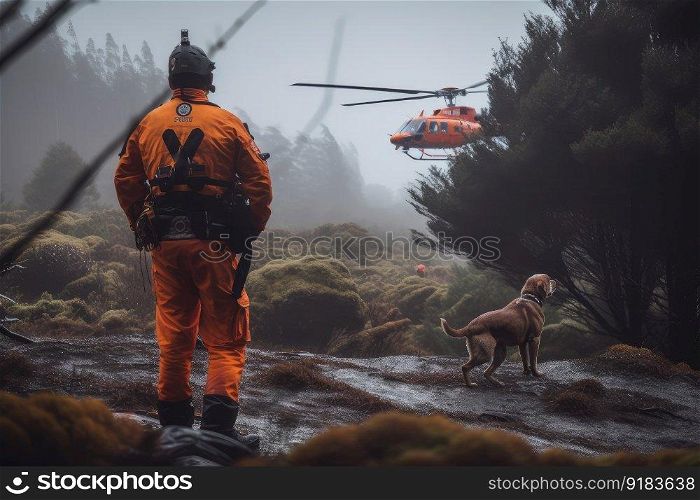 emergency response team responding to landslide in remote area, with rescue helicopters and search dogs on standby, created with generative ai. emergency response team responding to landslide in remote area, with rescue helicopters and search dogs on standby