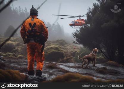 emergency response team responding to landslide in remote area, with rescue helicopters and search dogs on standby, created with generative ai. emergency response team responding to landslide in remote area, with rescue helicopters and search dogs on standby