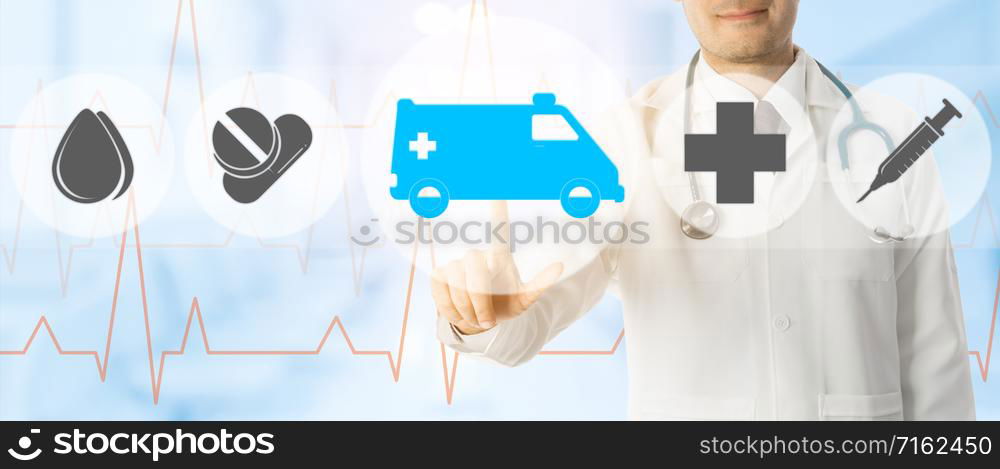 Emergency Service - Doctor points at ambulance and emergency medicine icon on medical background.