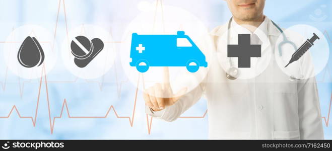 Emergency Service - Doctor points at ambulance and emergency medicine icon on medical background.