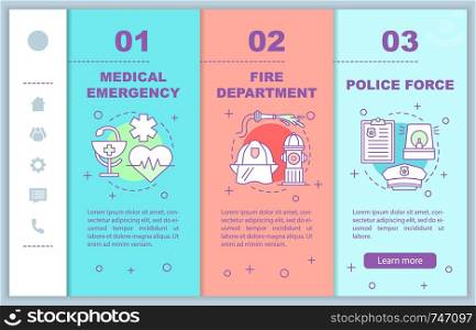 Emergency services onboarding mobile web pages vector template. Medicine, firefighting, police. Smartphone website interface with linear illustrations. Webpage walkthrough step screens. Color concept. Emergency services onboarding mobile web pages vector template