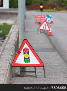 Emergency traffic light with sign at a road in Scotland