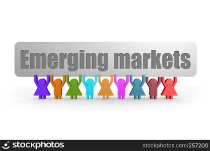Emerging markets word on a banner hold by group of puppets, 3D rendering