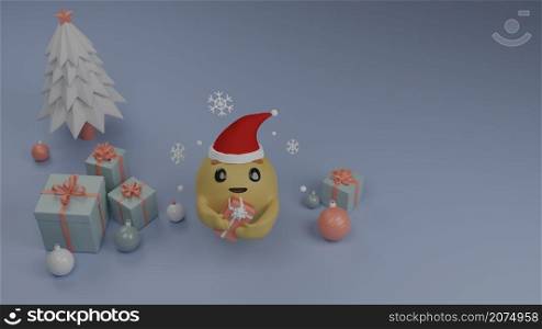 Emoticon Emoji present and giving a present gift box for Christmas festival with other gift boxes and decorations near Christmas tree 3D rendering illustration