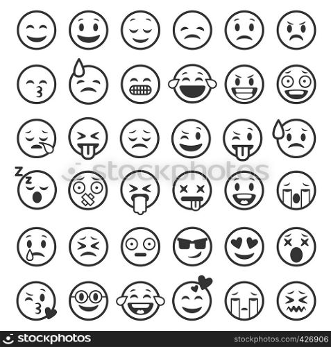 Emoticons outline. Emoji faces emoticon funny smile line black icons expression smiley facial people humor mood, flat vector isolated set. Emoticons outline. Emoji faces emoticon funny smile line black icons expression smiley facial people humor mood, flat vector set