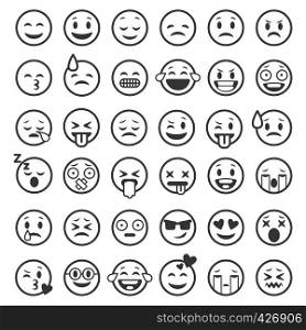 Emoticons outline. Emoji faces emoticon funny smile line black icons expression smiley facial people humor mood, flat vector isolated set. Emoticons outline. Emoji faces emoticon funny smile line black icons expression smiley facial people humor mood, flat vector set