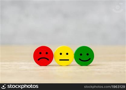 emotion face block. Customer choose Emoticon for user reviews. Service rating, ranking, customer review, satisfaction, mood, evaluation and feedback concept