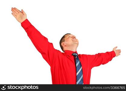 Emotional adult man with hands up isolated on white background