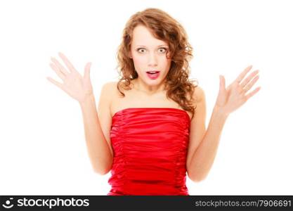 Emotional facial expression of woman, surprised girl open mouth with her hands in the air isolared over white background