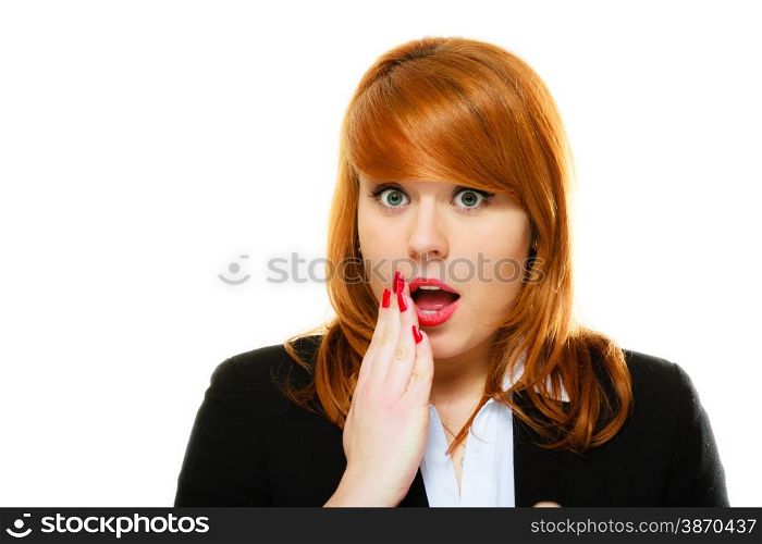 Emotional facial expression wide eyed business woman surprised girl open mouth covering her mouth with hand isolated on white