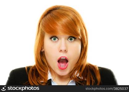 Emotional facial expression wide eyed business woman surprised girl open mouth isolated on white