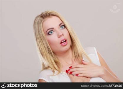 Emotional facial expression wide eyed woman surprised girl open mouth .