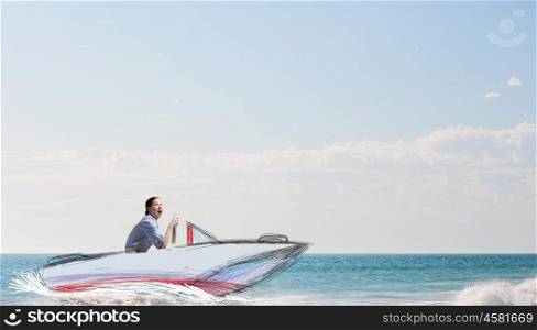 Emotional girl riding boat. Funny image of girl riding drawn boat