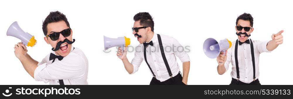 Emotional man with loudspeaker isolated on white