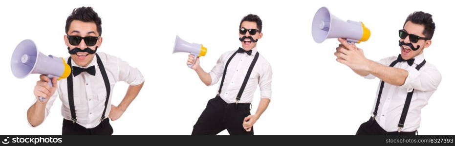 Emotional man with loudspeaker isolated on white