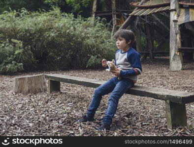 Emotional portrait of Lonely kid hugging dog toy sitting alone in the playground, Sad child sitting with his toy with looking deep in through, little boy playing alone with thinking face.