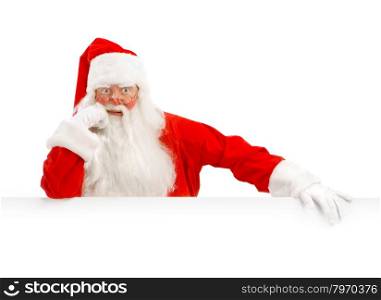Emotional Santa Claus with a Happy Surprise Holding White Copy Space,