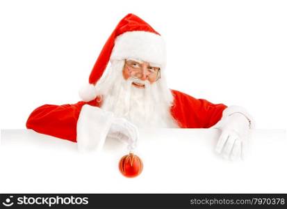 Emotional Santa Claus with a Happy Surprise Holding White Copy Space,