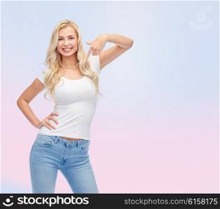 emotions, expressions, advertisement and people concept - happy smiling young woman or teenage girl in white t-shirt pointing finger to herself over rose quartz and serenity gradient background