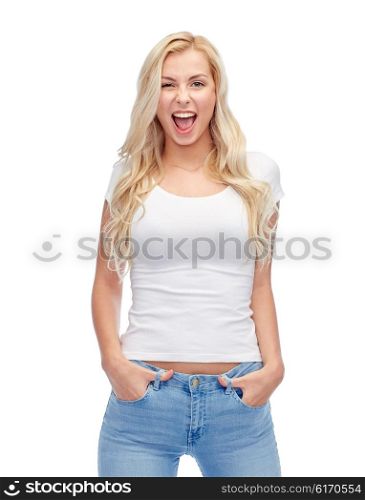 emotions, expressions, advertisement and people concept - happy smiling young woman or teenage girl in white t-shirt