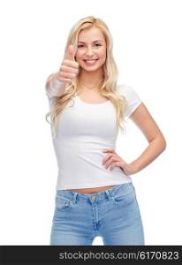 emotions, expressions, advertisement and people concept - happy smiling young woman or teenage girl in white t-shirt showing thumbs up