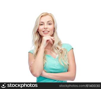 emotions, expressions and people concept - happy smiling young woman or teenage girl