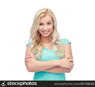 emotions, expressions and people concept - happy smiling young woman or teenage girl
