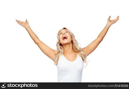emotions, expressions and people concept - happy young woman with raised hands celebrating victory. happy young woman celebrating victory