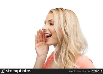 emotions, expressions and people concept - smiling young woman or teenage girl talking to or calling someone