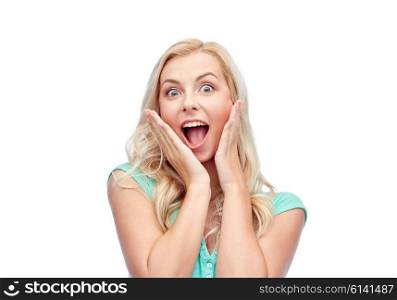 emotions, expressions and people concept - surprised smiling young woman or teenage girl