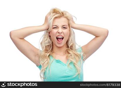 emotions, expressions, hairstyle and people concept - smiling young woman or teenage girl holding to her head or touching hair