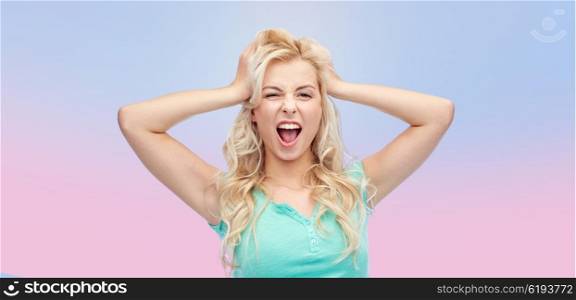 emotions, expressions, hairstyle and people concept - smiling young woman or teenage girl holding to her head or touching hair over rose quartz and serenity gradient background