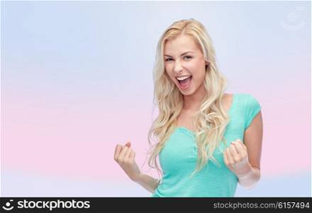 emotions, expressions, success and people concept - happy young woman or teenage girl celebrating victory over rose quartz and serenity gradient background