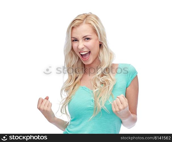 emotions, expressions, success and people concept - happy young woman or teenage girl celebrating victory