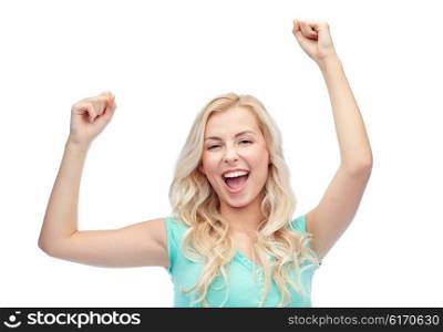 emotions, expressions, success and people concept - happy young woman or teenage girl celebrating victory