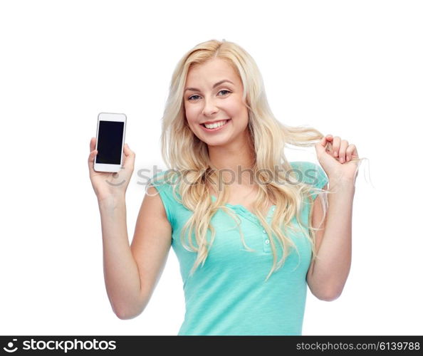 emotions, expressions, technology and people concept - smiling young woman or teenage girl showing blank smartphone screen