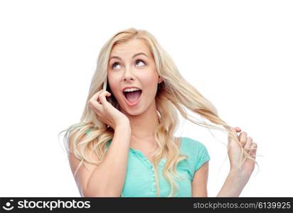 emotions, expressions, technology and people concept - smiling young woman or teenage girl calling on smartphone