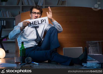 Employee asking for help and drinking under stress and despair