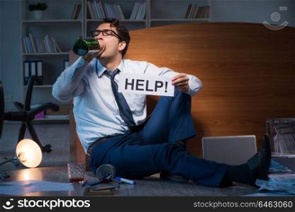Employee asking for help and drinking under stress and despair